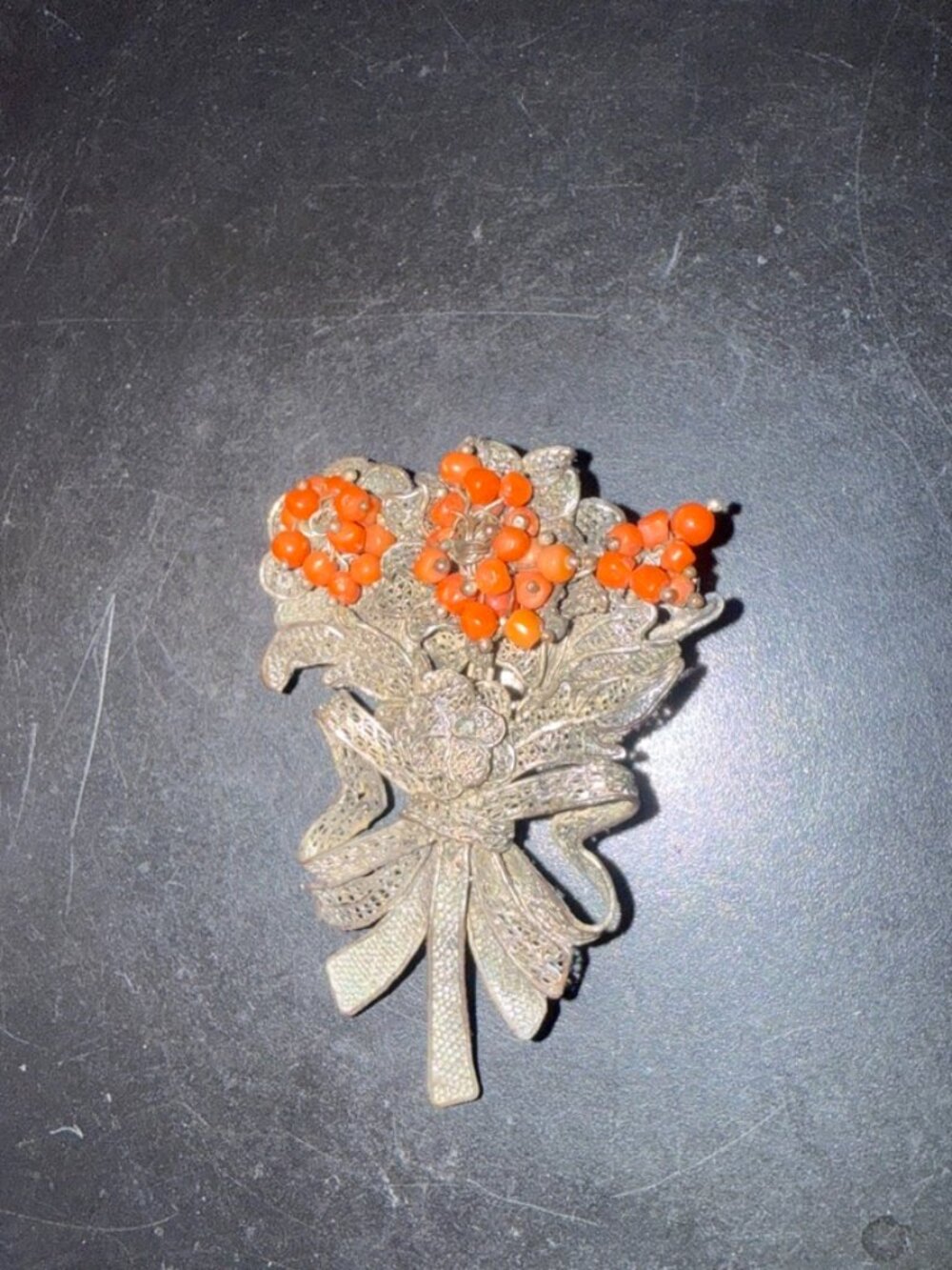 Antique Chinese Floral Bouquet Bow Salmon Seed Coral Filigree Silver Dress Clip